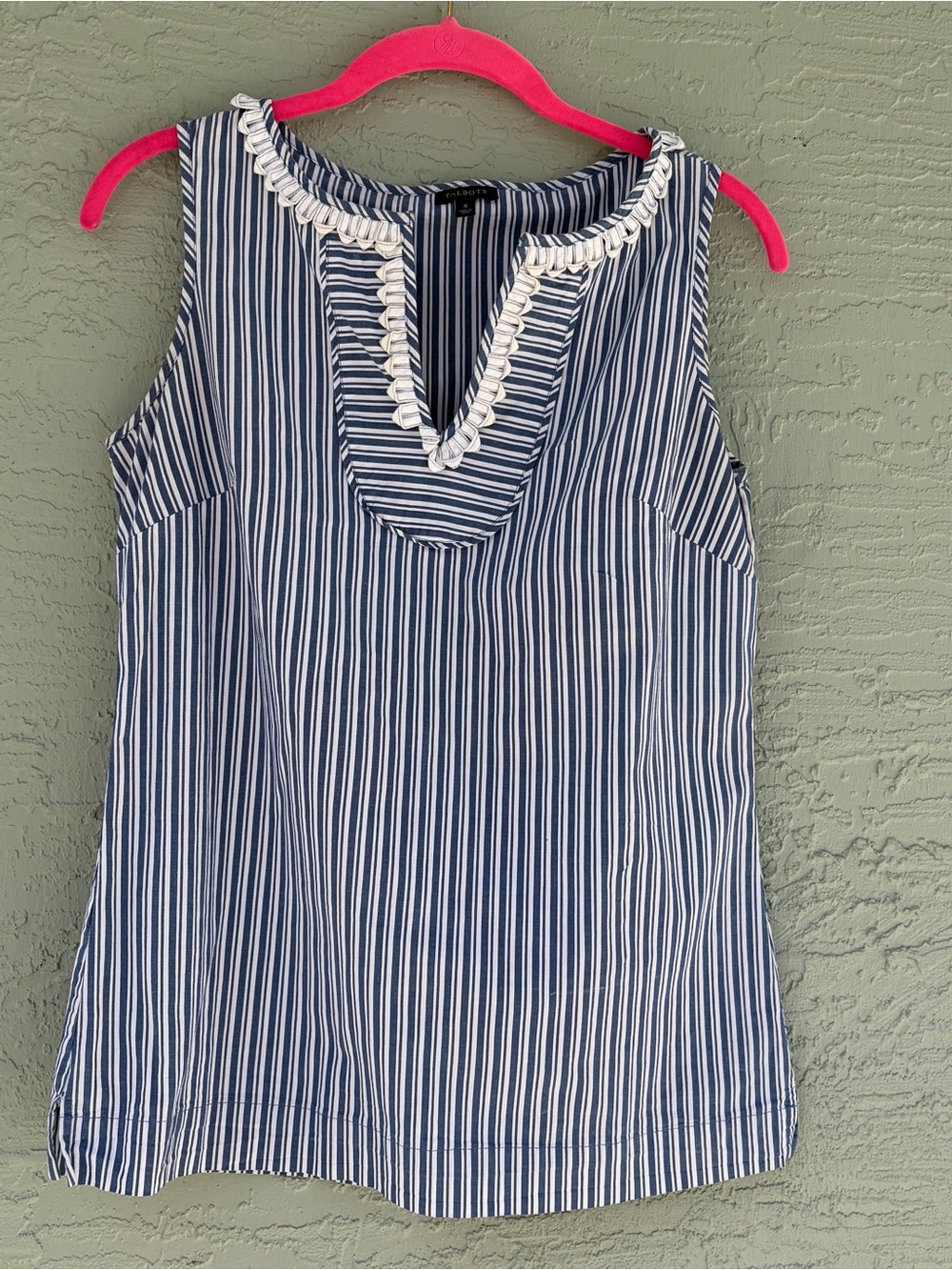 Talbots Navy and White Striped Sleeveless Tank with Scallop Trim